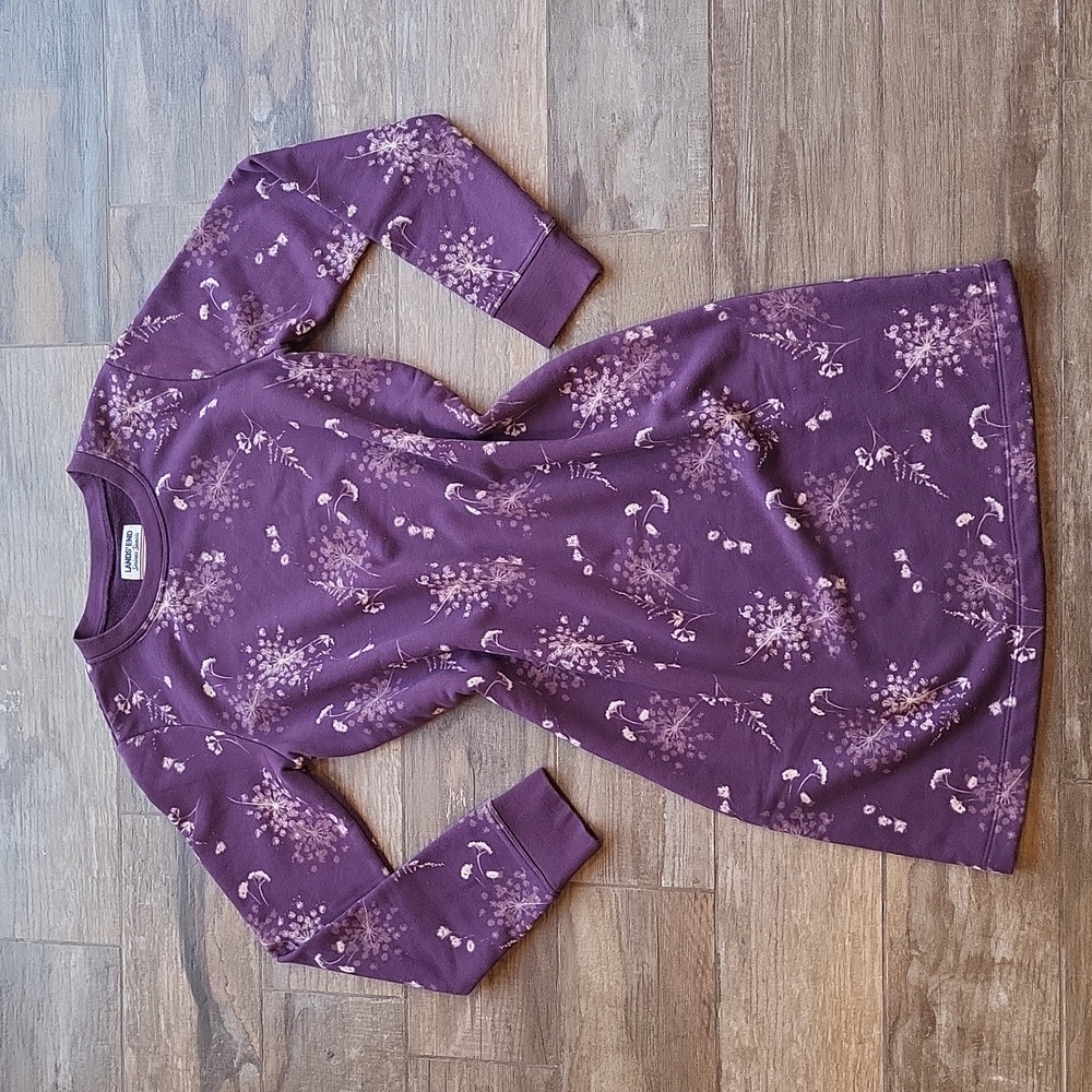 🟡 Land's End Purple, White, & Gray Floral Long Sleeve Midi Sweater Dress